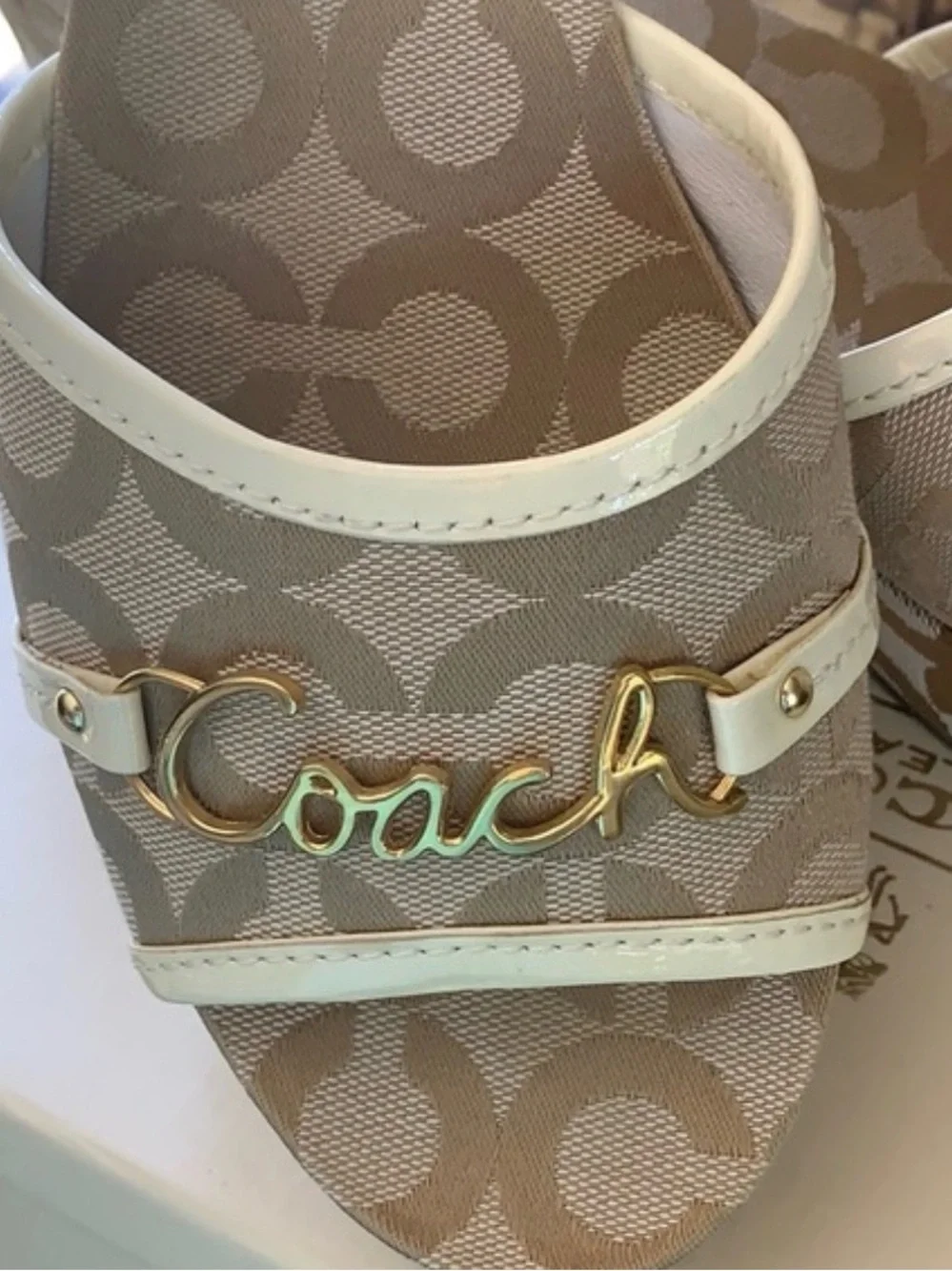 Coach Beige & Cream Signature Logo Wedge Slides
